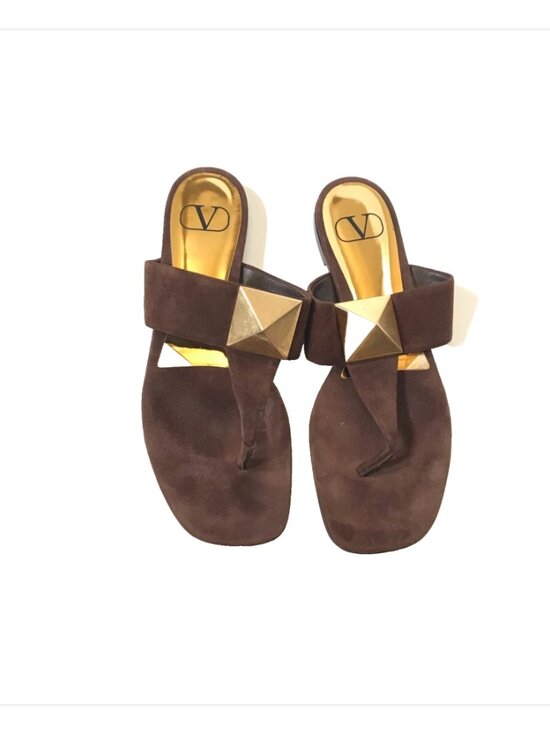 Valentino Shoes - Valentino Garavani One Stud Flat Thong Sandals Womens 39.5 9 Brown Suede Gold